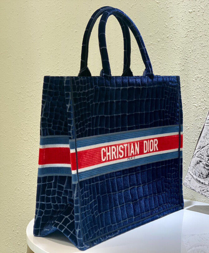 Christian Dior Book Tote Crocodile-Effect Embroidered Velvet Canvas Dark Blue